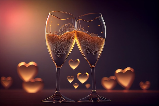 Fond de Saint Valentin avec des verres de champagne et heartsgenerative ai