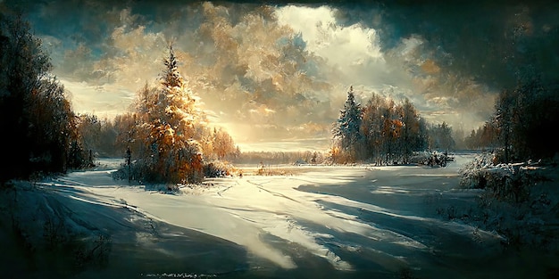 Fond de saison d'hiver. Aménagement paysager d'hiver. Illustration numérique. Peinture. Beau scénario