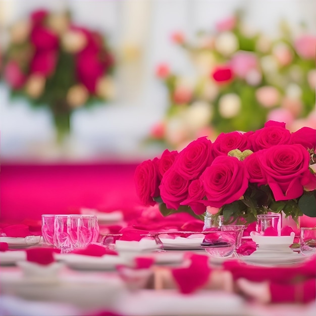 Photo fond de salle de mariage et une rose placée sur le bureau