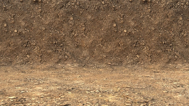 fond de scène de studio de surface au sol de boue brune, boue brune sèche avec de petites roches,