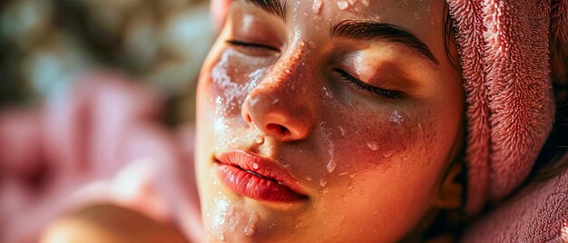 Sur un fond de serviettes blanches serrées, la jeune femme se baigne dans la tranquillité du spa. Son teint brillant reflète les bienfaits des soins d'experts.