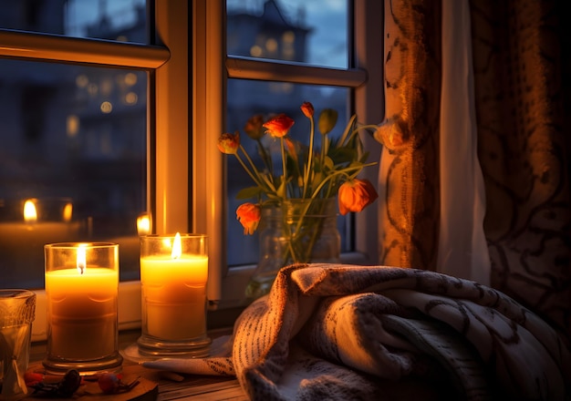 Fond de soirée avec des bougies allumées près de la fenêtre avec une vue floue sur la rue la nuit Mise au point sélective Romantique ou détente à la maison concept Généré ai