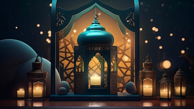 Fond de soirée sereine avec bannière de vacances islamique et image générée par l'IA de lanterne allumée