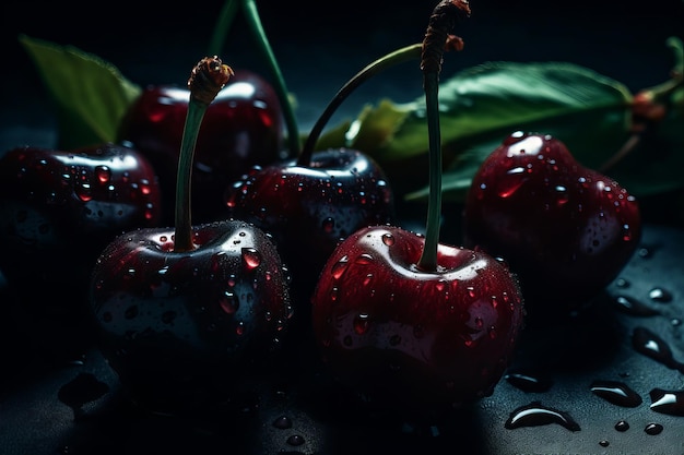 Fond sombre avec des cerises sur une surface noire