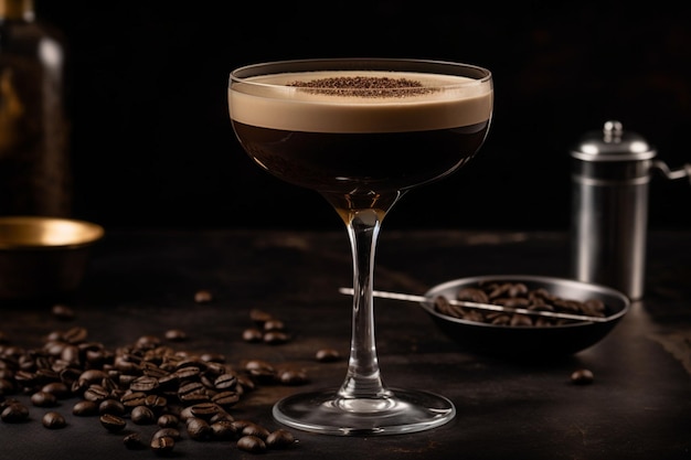 Un fond sombre avec un cocktail dans un verre et une tasse d'espresso à côté.