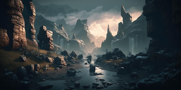 Fond sombre épique sombre gorge de la rivière dans les montagnes Paysage nocturne effrayant Généré par AI