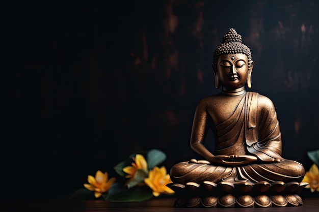 Fond sombre avec espace pour copie représentant une statue de Bouddha en méditation