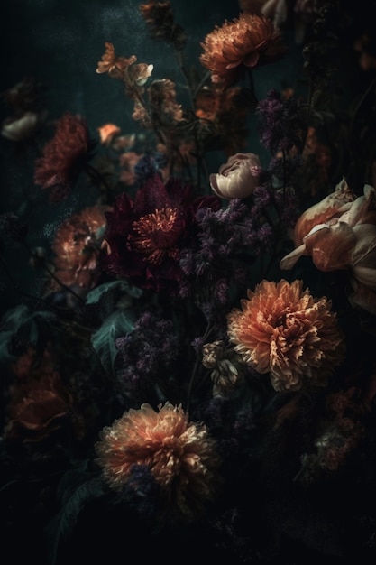 Un fond sombre avec des fleurs et un fond sombre.