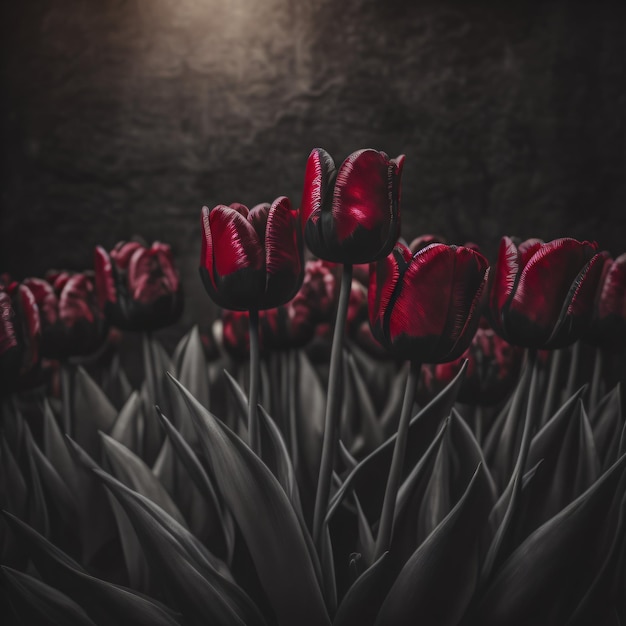 Photo un fond sombre avec un fond sombre avec un fond sombre avec des fleurs rouges.