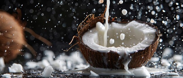 Photo sur un fond sombre, une noix de coco à moitié coupée et des morceaux de noix de coco écrasés débordent de lait de coco trempant sur la surface sombre et l'espace.