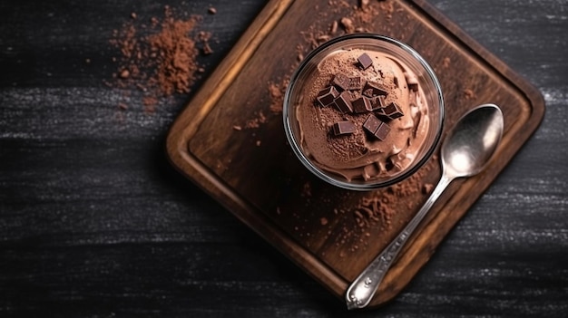 Un fond sombre avec une planche de bois et un verre de mousse au chocolat vegan et une cuillère GENERATE AI