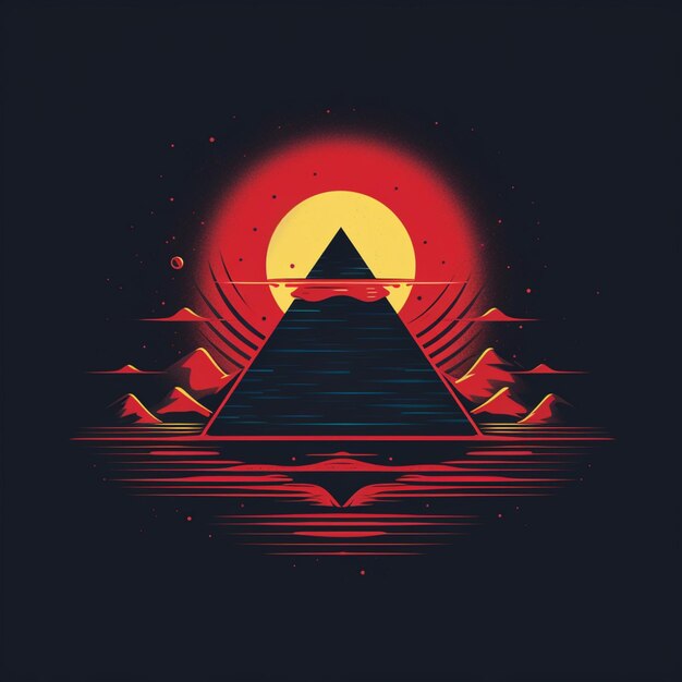 un fond sombre avec une pyramide et des montagnes en arrière-plan