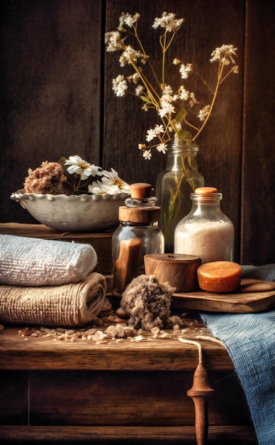 Fond de spa à domicile avec des éléments naturels sur la table