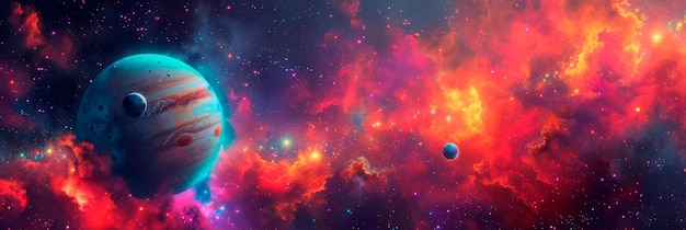 Photo un fond spatial vibrant avec des planètes, des étoiles et des nuages interstellaires se confondant dans un fond d'aquarelle vibrant