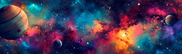 Un fond spatial vibrant avec des planètes, des étoiles et des nuages interstellaires se confondant dans un fond d'aquarelle vibrant