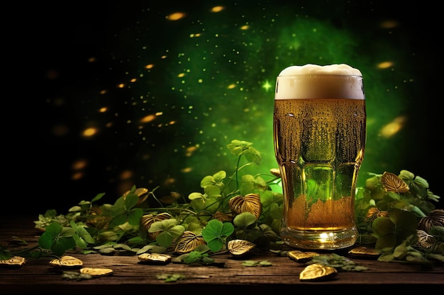 Fond de St Patricks Day avec chope de bière et trèfle