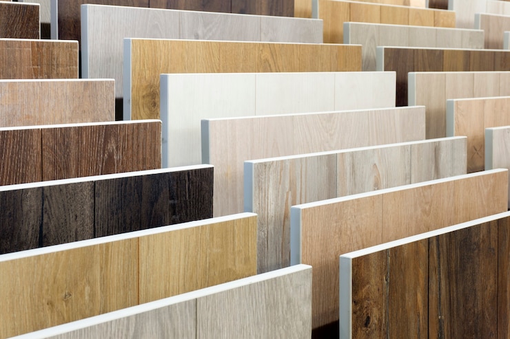 Photo fond stratifié. échantillons de stratifié ou de parquet avec un motif et une texture de bois pour les sols et la décoration intérieure. production de parquet