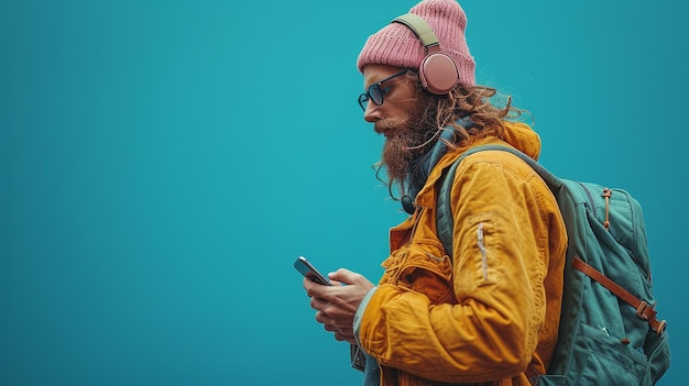 Photo sur un fond de studio bleu, un type debout avec un sac à dos utilise un grand téléphone portable et regarde l'écran tout en portant des écouteurs panorama en pleine longueur avec de l'espace libre pour le texte