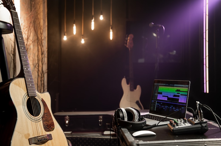 Photo fond de studio d'enregistrement avec guitare acoustique, ordinateur portable, mixeur sonore et écouteurs sur la table. lumière douce de la lampe sur fond sombre.