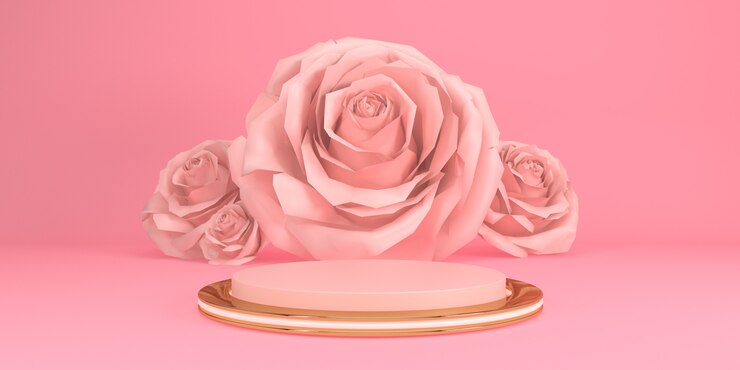Photo fond de studio rose simple avec des podiums et des roses pour le produit