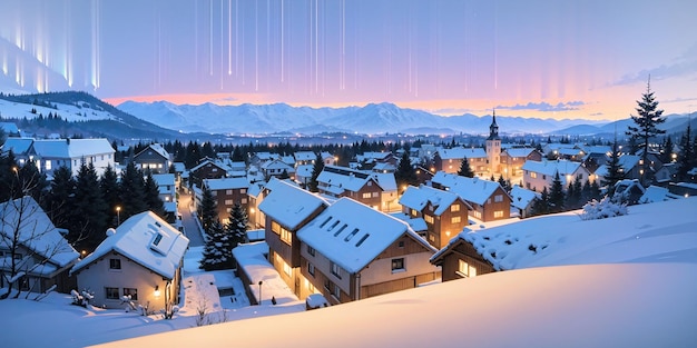 fond de style anime paysage d'hiver aurore montagne village lac europe neige Alpes