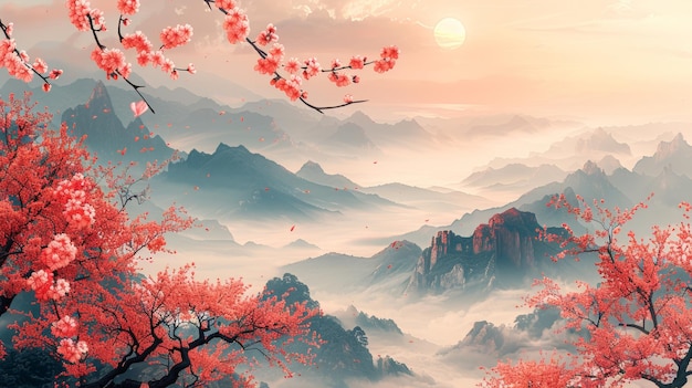 Photo un fond de style oriental doré moderne avec des fleurs de cerisier et des branches au premier plan et des montagnes et le soleil en arrière-plan