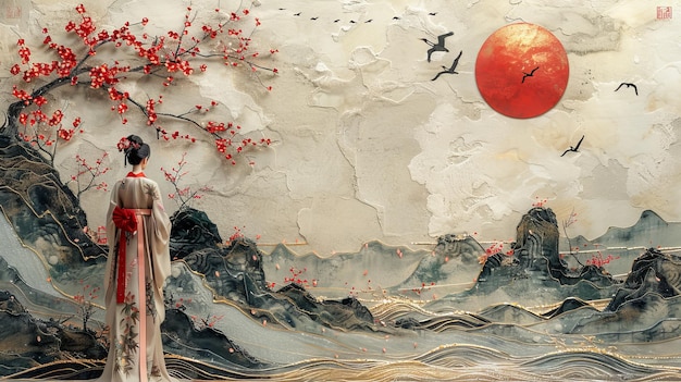 Un fond de style oriental moderne avec de l'art de ligne oriental chinois et japonais avec des textures dorées Art de papier peint avec des fleurs de cerisier et des flamants roses Art de mur de l'océan et des vagues