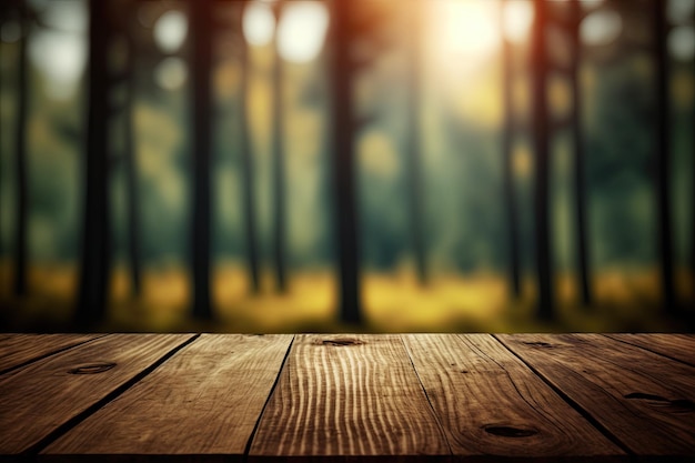 Fond de table en bois sur une forêt de pins flou plat Generative AI AIG15