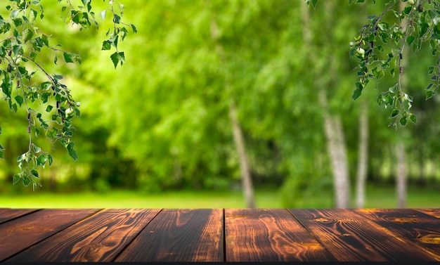 Fond de table en bois de forêt prairie ensoleillée d'été avec fond d'arbres forestiers d'herbe verte et rouille...