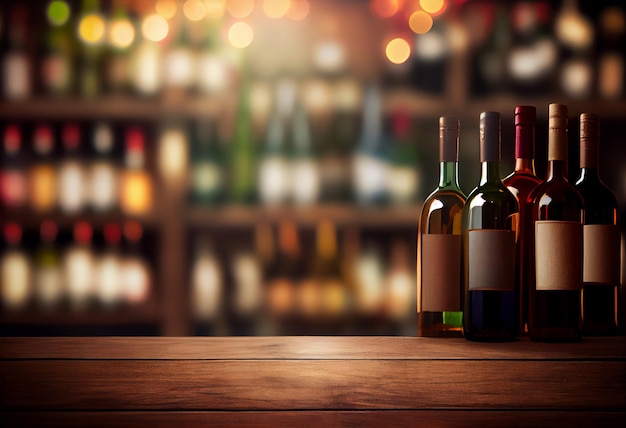 Fond de table en bois de vin Boutique de vin floue avec des bouteilles Générer Ai