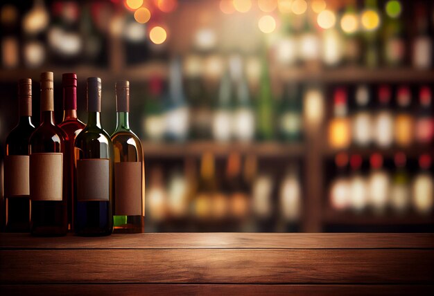 Fond de table en bois de vin Boutique de vin floue avec des bouteilles Générer Ai