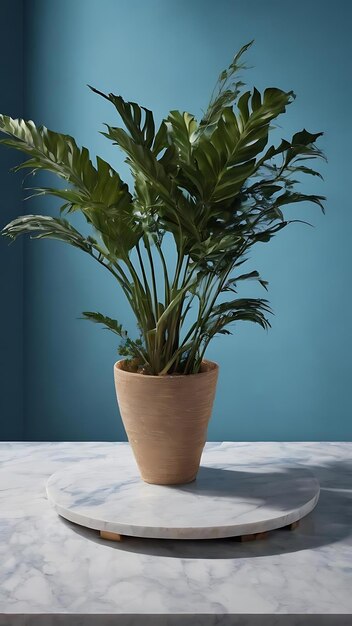 Fond de table en marbre vide avec mur bleu et ombre de plante