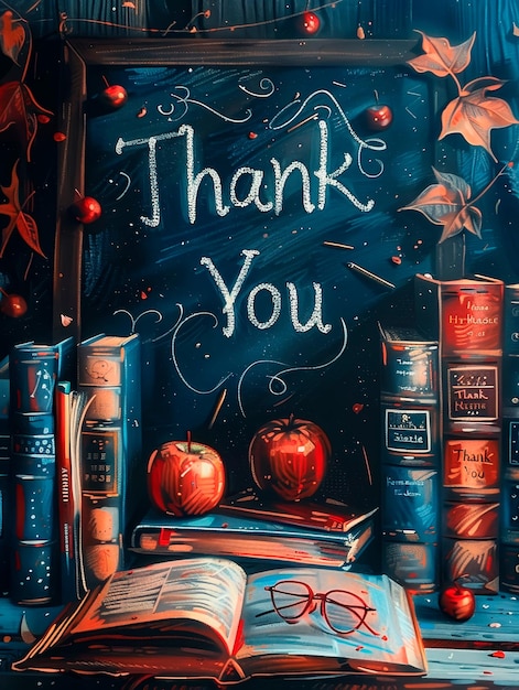Un fond de tableau à craie avec les mots Merci écrits à la craie entouré de dessins de livres de pommes et de crayons