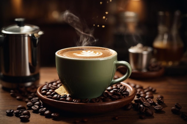 fond de tasse de café espressocapsule avec machine à expresso sur table en bois photographie réelle