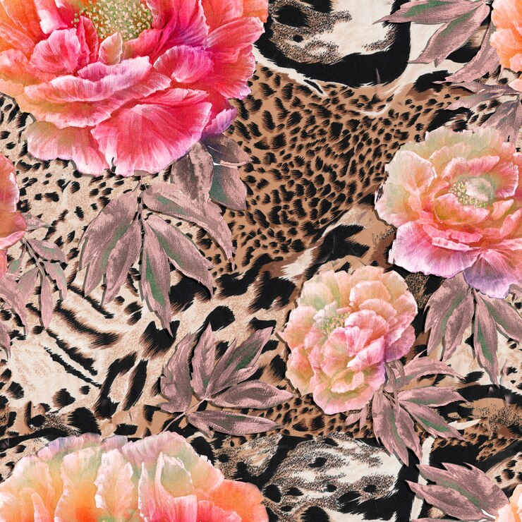 Photo fond textile sans couture de peau d&#39;animal sauvage africain avec belles pivoines rouges et roses