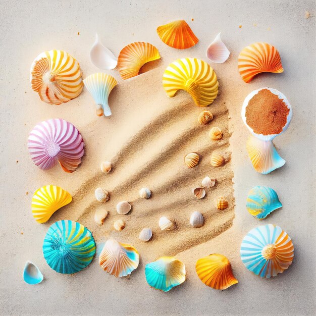 Fond de texture de coquillage de mer Motif de coquillage coloré Coquillages de mer sur sable blanc avec espace de copie Dessin Imitation Illustration IA générative abstraite