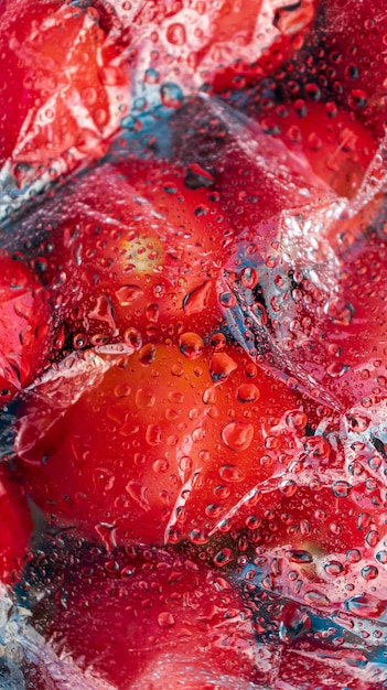 Fond texturé de tomates fraîchement cueillies sous verre ou film avec des gouttes d'eau