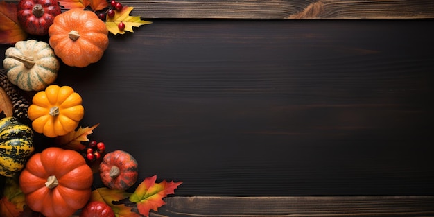 Fond de Thanksgiving avec des citrouilles et des feuilles d'automne sur une planche de bois