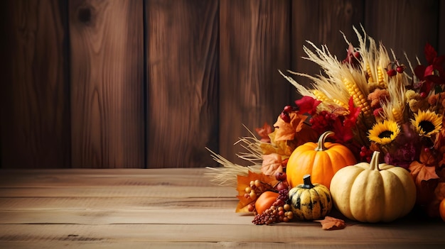 Fond de Thanksgiving avec citrouilles et feuilles d'automne sur table en bois