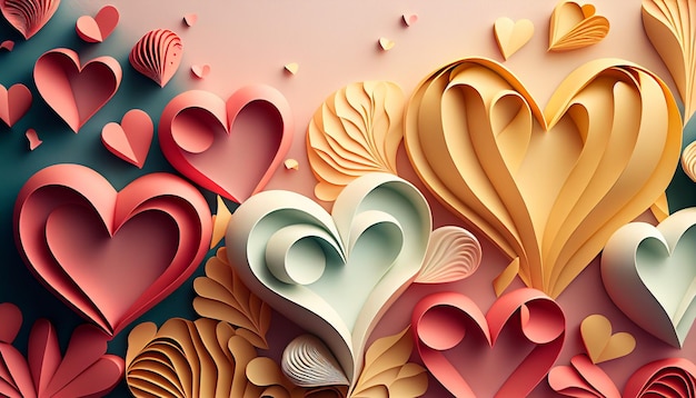 Fond sur le thème de l'amour avec coeur en papier en illustration 3D AI générative