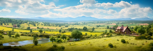 Un fond sur le thème de la campagne avec une vue d'en haut d'un paysage rural serein adapté à des destinations d'évasion IA générative