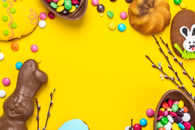 Fond de thème de Pâques Oeuf de lapin en chocolat et nourriture de fête