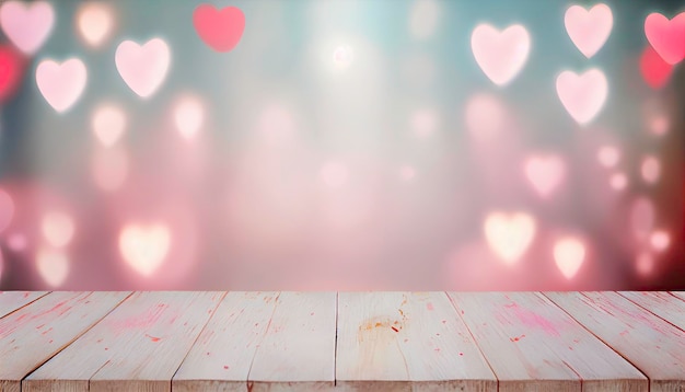 Fond sur le thème de la Saint-Valentin, avec une table en bois de couleur pastel vide pour l'affichage du produit