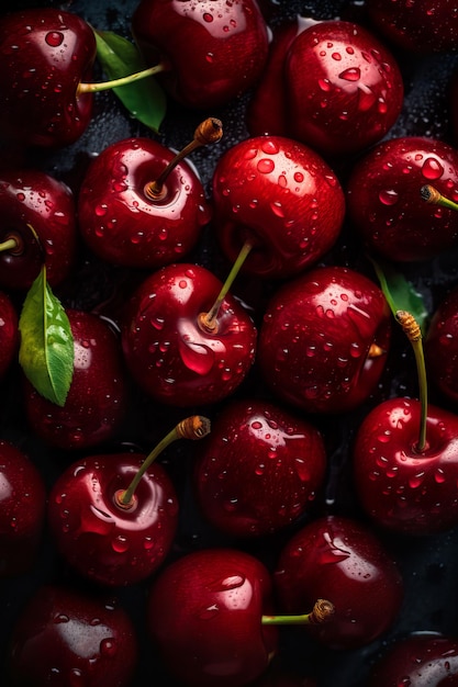 Fond transparent de cerises fraîches orné de gouttelettes d'eau scintillantes