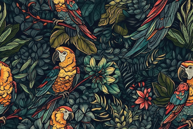Fond transparent avec motif de perroquets d'oiseaux dans la jungle Illustration d'IA générative