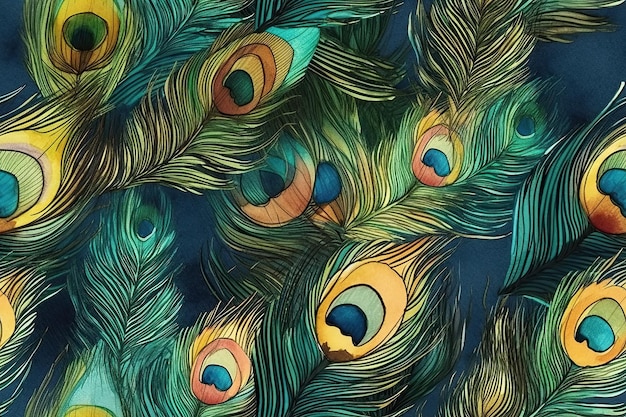 Fond transparent avec motif de plumes d'oiseau de paon brillant Illustration générative AI