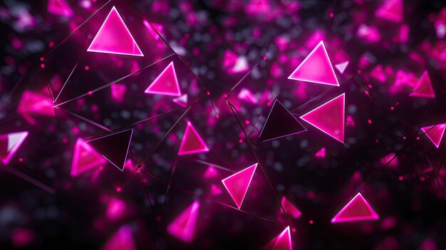 Un fond avec des triangles roses au néon disposés dans un motif aléatoire avec un effet bokeh et une couleur