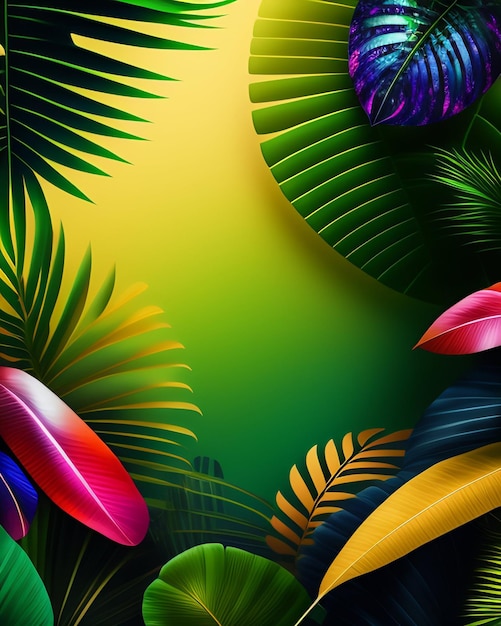 Un fond tropical coloré avec des feuilles tropicales et une fleur.