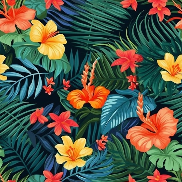 Un fond tropical coloré avec des fleurs et des feuilles génératives ai