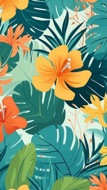 Un fond tropical coloré avec des fleurs et des feuilles génératives ai